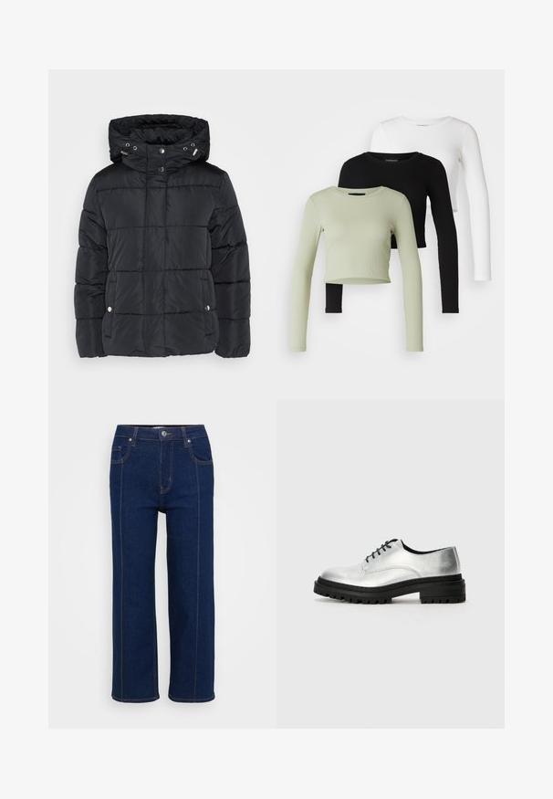 Casaco puffer preto com design acolchoado, capuz, botões de pressão e bolsos laterais. Feito de um material liso e brilhante.; Even&Odd Petite 3 PACK - Camisola de manga comprida - black/white/light green; Jeans de perna reta azul escuro com fecho de botão, bolsos frontais e traseiros e costura laranja visível ao longo das costuras.; Sapatos oxford em couro prateado com ponta arredondada, sola de borracha preta e atacadores pretos. Apresenta um detalhe de costura mínima ao longo dos lados.