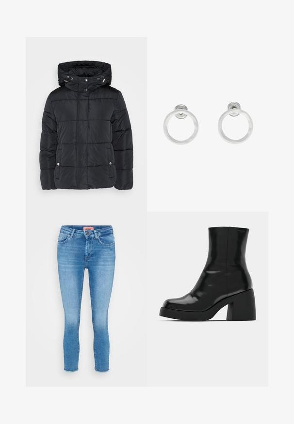 Črna puffer jakna s prešitimi detajli, kapuco, zapiralnimi gumbi in stranskimi žepi. Narejena iz gladkega, sijočega materiala.; Trii dolgi rokavi kroji vrhovi zloženi, barve bela, bež in umirjena teal, z okroglimi izrezi na svetlo sivi podlagi.; Svetlo modri denim skinny jeans z srednjo visokim pasom, zasnovo s petimi žepi in surovo obrobo na gležnjih. Oznaka blagovne znamke vidna na pasu.; Črne gležnjarje z sijajno površino, kvadratnim nosom in debelim blokskim peto. Oblikovanje izstopa s brezšivno silhueto in minimalnim logotipiranjem.; Srebrni kovinski obročasti uhani z brušenjem, s krožno obliko in prozornim zatičem za varno nošenje.