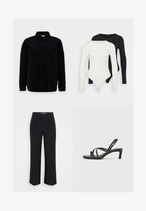 Sort leopardmønstret skjortejakke med krave, knaplukning og to brystlommer. Blødt stof med en struktureret overflade.; To lange ærmeløse bodystockings i hvid og sort. Fremstillet af glat stof, med runde halsudskæringer og en tanga-bund for en strømlinet pasform.; Sorte brede bukser med en glat tekstur, der har en flad talje og sidelommer, designet med en minimalistisk æstetik.; Sort remsandale med firkantet tå og en lav blokeret hæl. Har flere tynde stropper og en justerbar ankelrem. Fremstillet af glat læder.