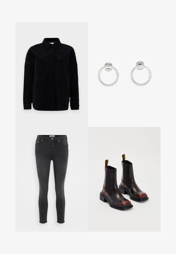 Mustapilekkipaitajakku, jossa on kauluspääntie, nappikiinnitys ja kaksi rintataskua. Pehmeä kangas, jossa on teksturoidun pinnan tuntuma.; Even&Odd Petite 2 PACK - Toppi - light grey/black; Mustat kapeat farkut, jotka on valmistettu denimistä. Ominaisuuksiin kuuluu edessä nappikiinnitys ja vetoketjullinen tasku vyötäröllä. Sileä pinta, jossa on vain vähän haalistumista.; Dr. Martens MAYBOLE CHELSEA - Platform-nilkkurit - black/cherry red; Hopeista valmistetut korvakorut, joissa on harjattu pinta, ympyrän muotoinen muotoilu ja kirkas varsi takana, joka takaa turvallisen käytön.