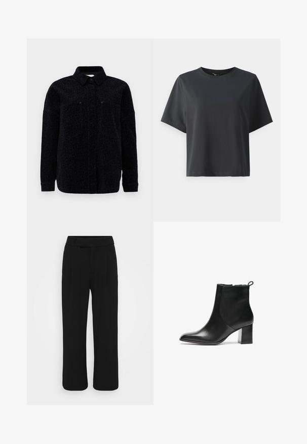 Camisa jaqueta com padrão de leopardo preto, apresentando um colarinho, fecho de botão e dois bolsos no peito. Tecido macio com um acabamento texturizado.; T-shirt de algodão preto, mangas curtas, gola redonda, corte descontraído, textura suave, design simples, sem padrões ou detalhes.; Calças largas pretas feitas de um tecido suave, com frente lisa, passantes para cinto e sem bolsos visíveis. Design limpo e estruturado.; Bota de tornozelo em pele preta com bico arredondado, um salto bloco de altura média e uma aba de puxar na parte de trás. Textura suave, design minimalista.