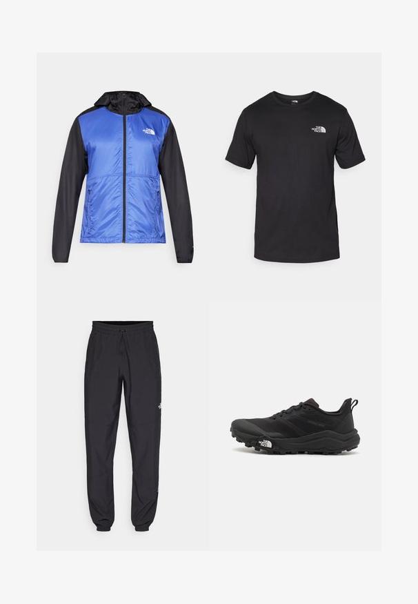 Jachetă cu fermoar, într-o nuanță de albastru și negru, cu glugă, fabricată dintr-un material ușor și strălucitor. Dispune de două buzunare laterale și un mic logo pe piept.; Tricou scurt din bumbac, de culoare neagră, cu guler rotund și un mic logo alb în partea de sus a pieptului stâng.; Pantaloni atletici negri, confecționați dintr-un material ușor, cu un tiv elastic la talie, buzunare laterale și tivuri ajustate la gleznă.; Pantofii de alergare pe teren accidentat, de culoare neagră, cu un superior texturat, talpă din cauciuc și vârf întărit. Prezintă un guler căptușit și o bandă de prindere pentru îmbrăcare ușoară.