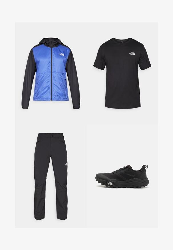 Casaco com fecho éclair azul e preto, com capuz, feito de material leve e brilhante. Apresenta dois bolsos laterais e um pequeno logo no peito.; T-shirt preto de manga curta feito de algodão, com um decote redondo e um pequeno logótipo branco na parte superior esquerda do peito.; Calças de exterior pretas com um bolso frontal com fecho éclair, material sintético, pernas ajustadas e painéis de joelho reforçados. Apresenta um fecho de botão.; Sapatilha de trail running preta com um upper texturizado, sola de borracha e biqueira reforçada. Possui um colarinho acolchoado e uma alça para facilitar o calçar.