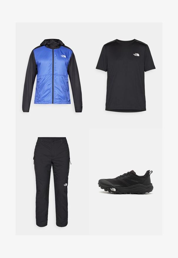Mėlyna ir juoda zip-up striukė su kapišonu, pagaminta iš lengvos, blizgios medžiagos. Turi dvi šonines kišenes ir mažą logotipą ant krūtinės.; Juodas trumpas rankovės marškinėliai, pagaminti iš lengvos medžiagos. Yra mažas baltas logotipas kairiajame krūtinės pusėje ir subtilūs pečių akcentai.; The North Face WINTER EXPLORATION TAPERED CARGO - Lauko kelnės - black; Juoda bėgimo batai su tekstūruotu paviršiumi, guma padais ir sustiprinta pirštų dalimi. Yra paminkštinta apykaklė ir kilpos, leidžiančios lengvai užsidėti.