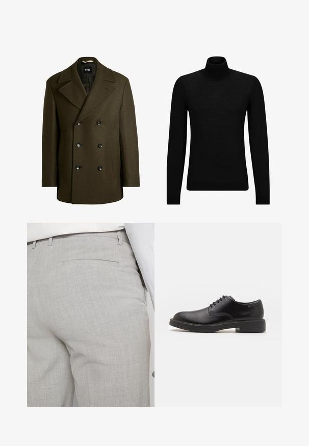 Cappotto doppiopetto verde oliva scuro realizzato in lana, con ampi rever, due tasche laterali e sei bottoni neri per la chiusura.; Maglione a collo alto nero realizzato in materiale morbido, con maniche lunghe e vestibilità aderente. Bordo a coste all'orlo e ai polsini. Design semplice.; Pantaloni sartoriali grigio chiaro realizzati in tessuto strutturato, con una tasca posteriore singola e cuciture pulite.; Scarpa nera in pelle con lacci, punta tonda, texture liscia, cuciture minime e tacco in gomma basso. Logo sul tacco.