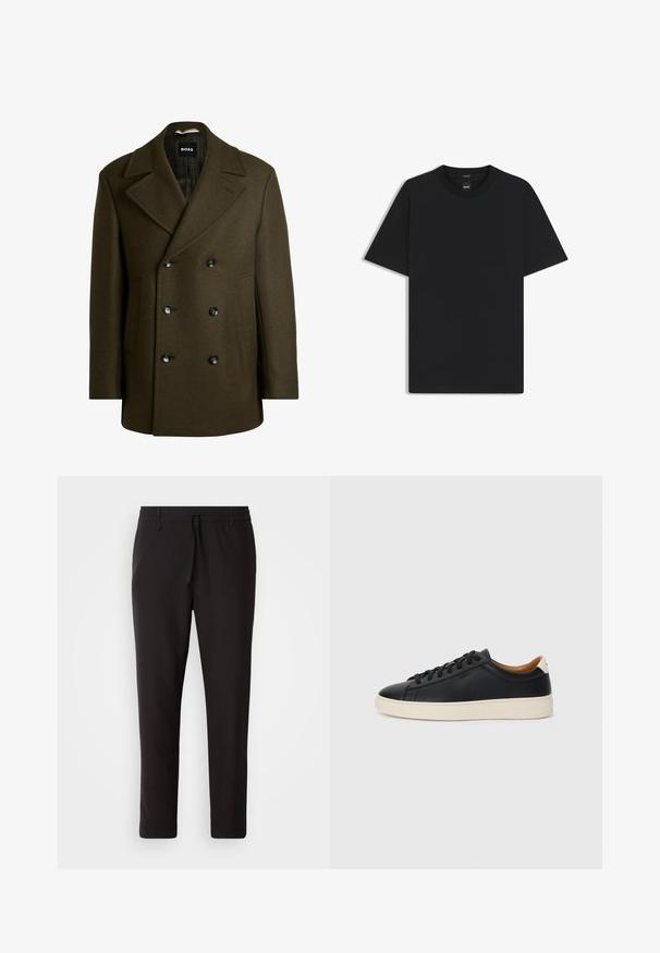 Donkergroen dubbelzijdig colbert van wol, met brede revers, twee zijzakken en zes zwarte knopen voor sluiting.; Zwarte korte mouwen T-shirt van een gladde katoenmix, met een ronde halslijn en een minimalistisch ontwerp zonder patronen of accenten.; Zwarte joggingsbroek van gladde stof. Kenmerkt zich door een elastische tailleband met een trekkoord, taps toelopende benen en geen zichtbare zakken. Eenvoudig ontwerp.; Zwarte leren sneakers met een gladde textuur, beige rubberen zool, vetersluiting en een contrasterende hielaccent.