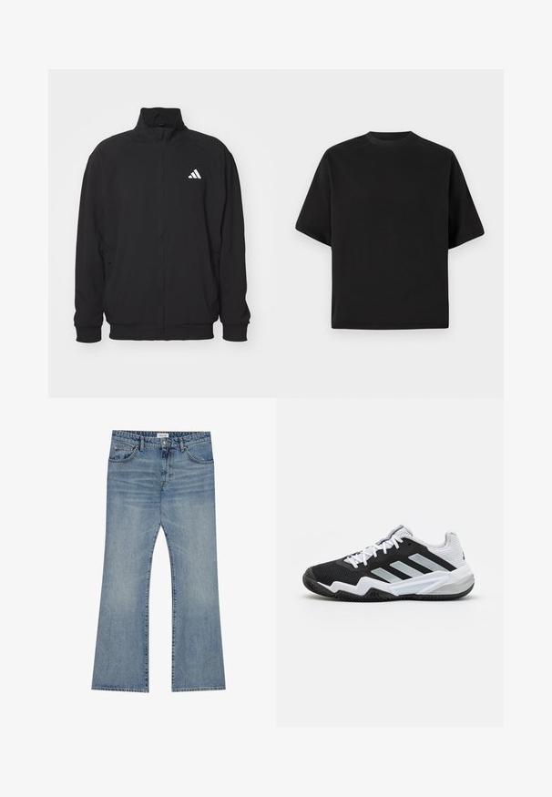 Svart ytterjakke laget av lett stoff, med høy krage, glidelås, elastiske ermer og en hvit logo på venstre side.; Svart T-skjorte med korte ermer i en løs passform, laget av glatt bomull, med rund halsutskjæring og minimalistisk design.; Lys blå denimjeans med flagrende ben, med en klassisk fem-lomme stil og en knappelukking i midjen.; Svart og hvite sportssko med et teksturert mesh-overdel, gummisåle, og tre sølvfargede accentstriper på siden.