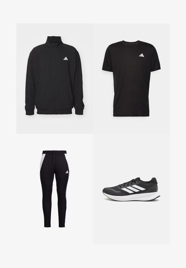 Fekete, könnyű anyagból készült külsődzseki, magas gallérral, cipzáros záródással, rugalmas mandzsettákkal és fehér logóval a bal oldalon.; Fekete pamut póló rövid ujjal, kerek nyakkivágással, bal mellrészen fehér logóval. Sima textúra és egyszerű dizájn.; Fekete sportnadrág fehér oldalpanellel, slim fit szabású, elasztikus derékrésszel és zsinórral, valamint egy kis fehér logóval a bal alsó lábszáron.; Fekete sportcipő légáteresztő hálós felsőrésszel, fehér kiegészítőkkel és párnázott talppal. Az oldalon három csíkkal ellátott logó található.