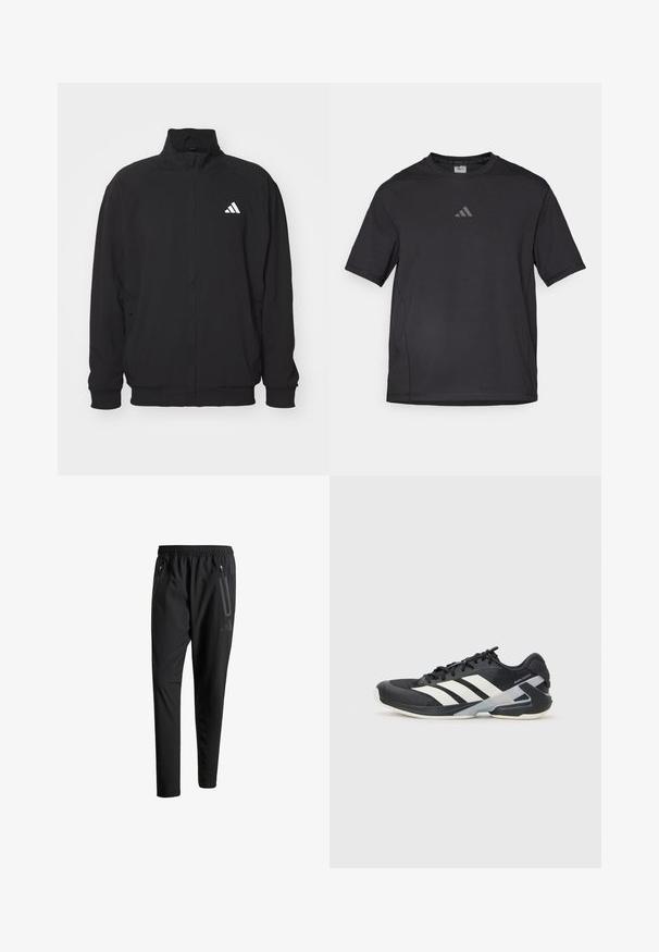 Musta ulkotakki, joka on valmistettu kevyestä kankaasta ja jossa on korkea kaulus, vetoketjusuljin, elastiset hihansuut ja valkoinen logo vasemmalla puolella.; Musta urheilupaita, joka on valmistettu hengittävästä materiaalista, jossa on lyhyet hihat, pyöreä kaula-aukko ja heijastava logo rinnassa.; Mustat urheiluhousut, joissa on joustava vyötärö, kaksi vetoketjullista sivutaskua, kapenevat lahkeet ja hillitty logokuvaus lonkalla.; Mustat urheilukengät valkoisilla raidoilla, verkkomateriaalia ylhäällä, pyöristetty kärki ja pehmustettu pohja. Varustettu teksturoidulla kantapäällä ja turvallisella nauhoitusjärjestelmällä.