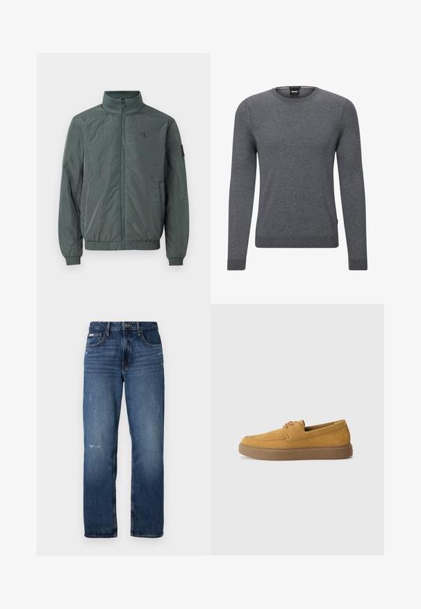 Calvin Klein Jeans PADDED HARRINGTON - Viegla jaka - endless grey; Pelēks džemperis ar apaļu kakla izgriezumu, izgatavots no mīksta adījuma materiāla. Tam ir garas piedurknes, ribotas aproces un apakšmala, kā arī mazs logo birciņš sānos.; Zilas džinsu bikses ar taisnu kāju dizainu. Iezīmējas ar izbalējusiem laukumiem un vieglu nolietojumu priekšpusē, kā arī klasisku pogu aizdari.; Browningas zamšs slip-on apavi ar teksturētu virsmu, noapaļota purngala un kontrastējoša gumijas zole. Satur smalku zīmolu tuvumā papēžam.