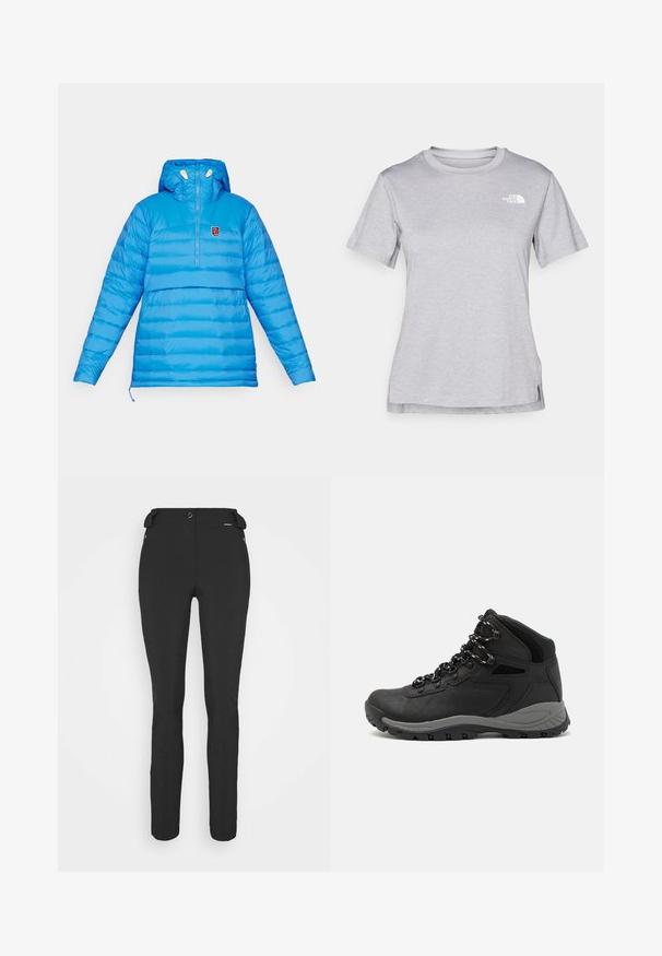 Heledsinine puffjakker, millel on poole-zipperiga disain, kapuuts ja horisontaalne õmblus. Omab väikest logo rinnal ja reguleeritavat hemmi.; Hall juppuvarrega, pehmeast, niiskust eemaletõukavast kangast lühikeste varrukatega hall T-särk. Omab ümarat kaelust ning väikest valget logo vasakul ülal.; Mustad, hästi istuvad püksid, mis on valmistatud paindlikust materjalist. Omadusteks on lukuga küljetasku, artikeeritud põlved ja sile pind.; Mustarjaline matkasaabas, millel on keskmine disain, tekstuuriga ülemine osa, hallid aktsendid ja vastupidav kummist põhi, millel on haardelugesid.