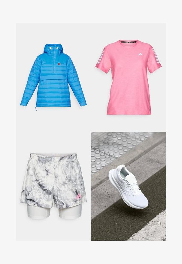 Svjetloplava pufasta jakna s polu-zip dizajnom, kapuljačom i horizontalnim šavovima. Ima mali logotip na prsima i podesivi rub.; Roza majica s kratkimi rokavi iz teksturirane tkanine. Ima tri bele črte na vsakem ramu in majhen bel logotip na prsih.; Hlače s sivim in belim abstraktnim vzorcem, z elastičnim pasom, notranjim podstavkom in roza logotipom na strani.; Bela športna čevelj z zgornjim delom iz mrežastega materiala, vezalnim oblikovanjem in teksturiranim podplatom. Opazne so subtilne znamke in brezšivne konstrukcijske podrobnosti.