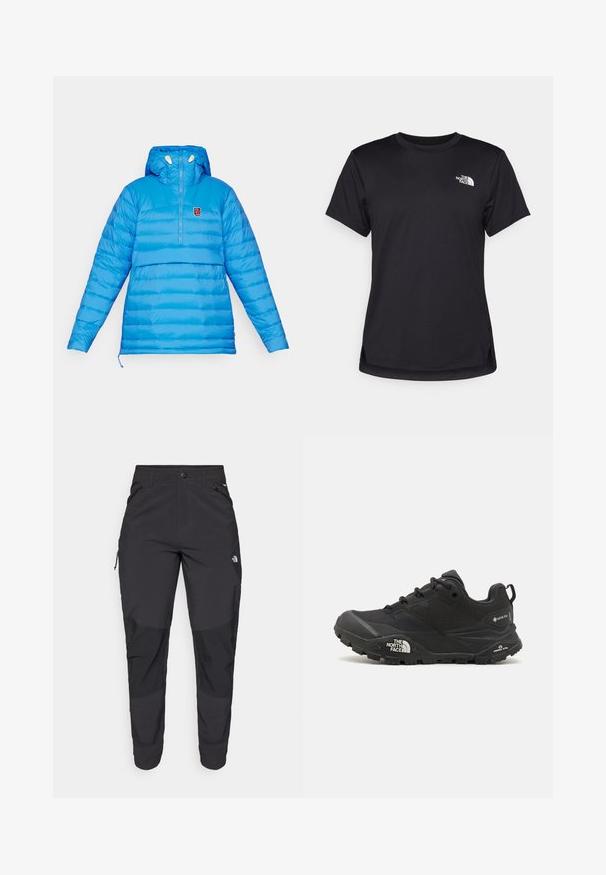 Lichtblauwe pufferjack met een half-ritsontwerp, capuchon en horizontale stiksels. Bevat een klein logo op de borst en een verstelbare zoom.; The North Face FLEX SHORT SLEEVES TEE - Sport T-shirt - black; Zwarte outdoorbroek gemaakt van duurzaam materiaal. Voorzien van ritszakken, versterkte knieën en een rechte snit voor optimale bewegingsvrijheid.; Zwarte wandelschoen met een gestructureerde bovenkant, vetersluiting en een stevige rubberen zool met een opvallend logo aan de zijkant en profielpatronen.