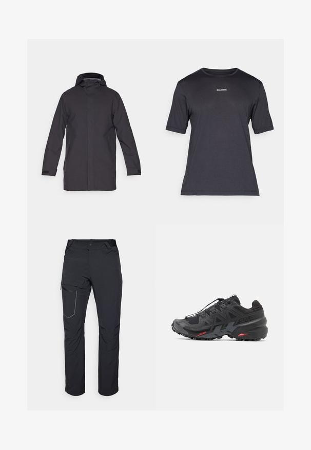 Peak Performance CLOUDBURST COAT - Hardshell striukė - black; Juoda trumpų rankovių sportinė marškinėlių, pagaminta iš kvėpuojančios medžiagos, su apvalia iškirpte ir nedideliu baltu "SALOMON" logotipu ant krūtinės.; Juodos lauko kelnės su užtrauktuku šlaunies kišenėje, elastinga juosmeniu ir lygiu, vandens nepraleidžiančiu audiniu. Tinkama dizaino forma be matomų logotipų.; Juodas bėgimo batelis su sintetiniu viršumi, tekstūruotu dizainu ir kontrastingais raudonais akcentais. Turintis saugų raištelių sistemą ir tvirtą pado konstrukciją.