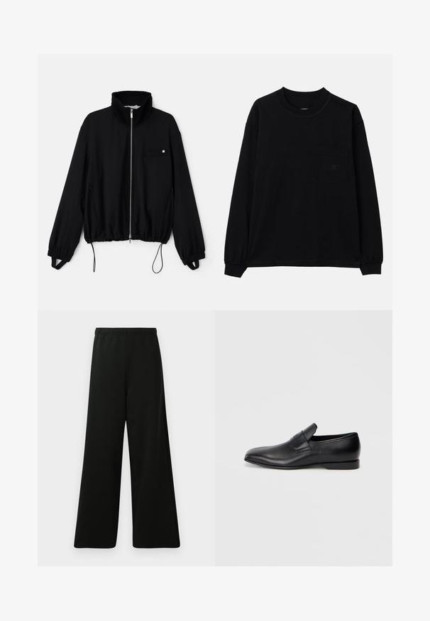 Schwarze Zip-Jacke mit hohem Kragen, elastischen Bündchen und Kordelzugsaum. Verfügt über eine kleine Fronttasche und einen glatten Stoff. ; Schwarzes Langarm-T-Shirt aus Baumwolle mit Rundhalsausschnitt, einer Brusttasche links und elastischen Bündchen. Minimalistisches Design ohne Muster.; Schwarze weite Hosen aus weichem Stoff. Mit einem elastischen Bund, glatter Textur und einem schlichten, modernen Design ohne Muster.; Schwarzer Leder-Slipper mit spitzer Zehe, glatter Textur und dezentem Branding an der Seite. Niedriger Absatz mit einem klaren, minimalistischen Design.