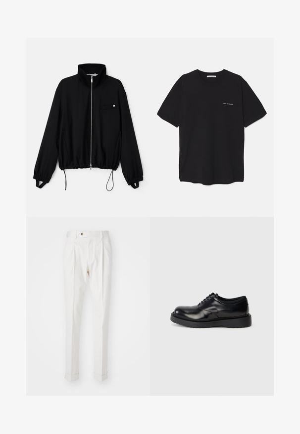 Juodas zip-up švarkas su aukštu apykakle, elastinėmis rankovėmis ir raišteliu apatine dalimi. Yra maža priekinė kišenė ir lygi audinio tekstūra.; Juoda medvilninė marškinėlė su apykakle, trumpomis rankovėmis ir baltu logotipu kairėje krūtinės pusėje. Paprastas, vientisas spalvų dizainas.; Baltos, pritaikytos kelnės su lygiu priekiu, dviem raukšlėmis ir prisuktomis rankovėmis. Pagamintos iš lygios medžiagos, su mygtuku juosmenyje.; Juodas odinis batelis su raišteliais, apvaliu pirštu, lygiu paviršiumi ir storu guminio pado, kuriame yra subtilių griovelių, užtikrinančių sukibimą.