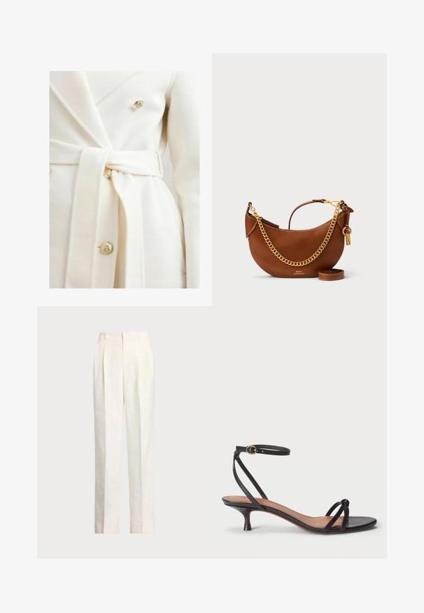 Weißer Wollmischungs-Mantel mit Wickeldesign, ausgestattet mit einem gebundenen Taillengürtel, goldenen Knöpfen und einer weichen Textur.; Weißer ärmelloser Pullover aus glattem Baumwollmaterial, mit einem gerippten Saum und einem kleinen marineblauen Logo unten links. Einfaches Design, keine Muster.; Polo Ralph Lauren HEMP WIDE LEG PANT - Stoffhose - nevis; Polo Ralph Lauren LEATHER KITTEN-HEEL SANDAL - Pumps - black; Braune Lederhandtasche mit geschwungenem Design, goldener Kettenriemen, Innentasche und abnehmbarem Schulterriemen. Mit kontrastierenden Nähten.