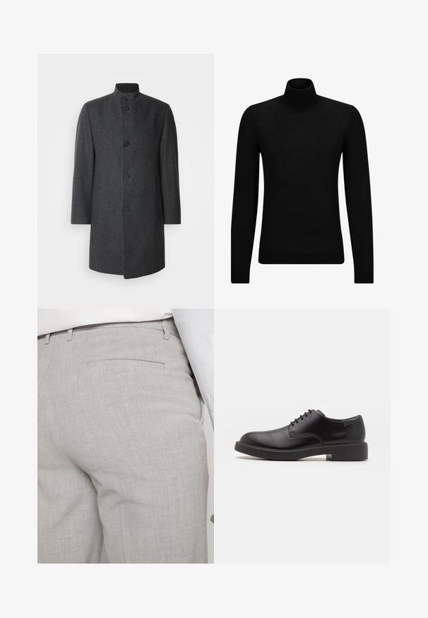 Tumma harmaa villatakki, jossa on pystykaulus, viisi nappia ja sivutaskut; siinä on herringbone-kuvio ja suora leikkaus.; Mustahuivi neule, joka on valmistettu pehmeästä materiaalista, jossa on pitkät hihat ja tiukka istuvuus. Ribbaus reunassa ja hihansuissa. Yksinkertainen muotoilu.; Vaaleanharmaat räätälöidyt housut tekstuuripintaisesta kankaasta, joissa on yksi takatasku ja siistit saumat.; Mustat nahkasaappaat, joissa on pyöreä kärki, sileä pinta, minimaalinen ommel ja matala kumipohja. Logo kannassa.