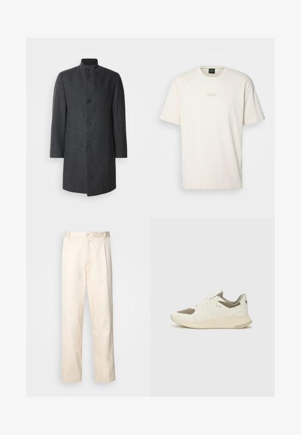 Tmavě šedý vlněný kabát s vysokým límcem, pěti knoflíky a bočními kapsami; má vzor herringbone a rovný střih.; BOSS TEE - Jednoduché tričko - open white; Bežové bavlněné kalhoty se střihy rovného nohavice, s knoflíkovým zapínáním a záhyby vpředu pro zvýraznění detailu.; Bílé a světle béžové atletické tenisky, které mají síťovaný svršek, perforované detaily a texturovanou mezipodešev s logem na patě.
