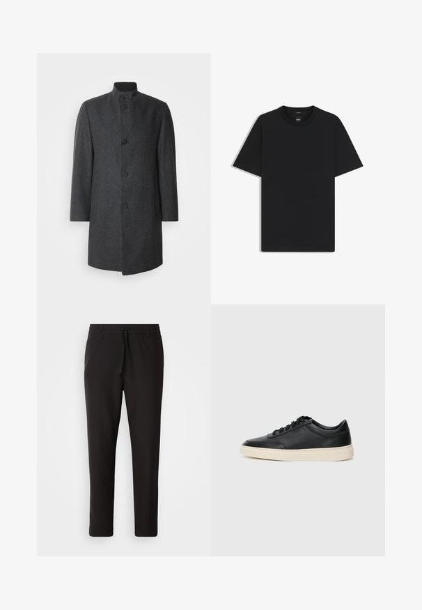 Cappotto di lana grigio scuro con colletto alto, cinque bottoni e tasche laterali; presenta un motivo a spina di pesce e un design a taglio dritto.; Maglietta nera a maniche corte realizzata in un morbido misto cotone, con scollatura a girocollo e un design minimalista senza motivi o dettagli.; Pantaloni jogger neri realizzati in tessuto liscio. Presentano una vita elasticizzata con stringa, gambe affusolate e senza tasche visibili. Design semplice.; Sneaker in pelle nera a basso profilo con lacci neri e suola avorio, mostrato di profilo su sfondo bianco.