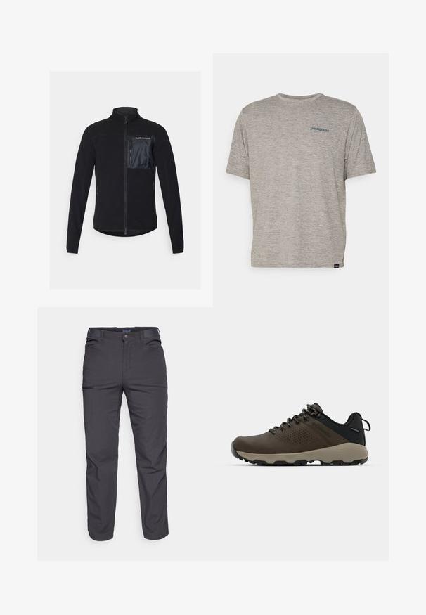 Mustat vetoketjulliset fleece-takit, joissa on sileä ja kiiltävä musta tasku rinnassa, sivutaskut ja korkea kaulus. Pehmeä rakenne kauttaaltaan.; Harmaa lyhythihainen t-paita, joka on valmistettu pehmeästä, teksturoidusta kankaasta ja jossa on pieni sininen Patagonia-logo vasemmassa rinnassa. Ei muita kuvioita.; Tummanharmaat housut, jotka on valmistettu kestävästä kankaasta. Niissä on vetoketjullinen tasku, suora leikkaus ja vyölenkit säädettävää istuvuutta varten.; Ruske vedenäyttävät lenkkarit, joissa on tekstuuroitu päällinen, reikiä korostavia yksityiskohtia, musta kantatuki ja harmaa kumipohja. Kiristysnauhoissa on metalliset päät.