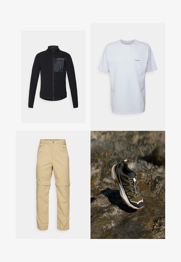 Chaqueta de forro polar negra con cremallera que presenta un bolsillo negro liso y brillante en el pecho, bolsillos laterales y un cuello alto. Textura suave en toda la prenda.; Camiseta de algodón blanca de manga corta, con cuello redondo y un bolsillo en el pecho izquierdo que presenta un logotipo azul de "Patagonia". Corte clásico con una textura suave.; Pantalones beige desmontables con una textura suave, que presentan dos bolsillos laterales, un cierre de botón y puños enrollables para mayor versatilidad.; Zapato de senderismo en verde oliva y negro con toques de rosa. Cuenta con una parte superior texturizada, suela flexible, capuchón de punta reforzado y un sistema de cordones colorido.