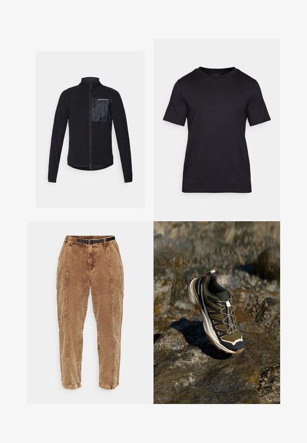Giacca in pile nera con zip, caratterizzata da una tasca nera lucida sul petto, tasche laterali e un colletto alto. Tessuto morbido in tutto il capo.; Maglietta nera realizzata in tessuto liscio, con scollatura a girocollo e maniche corte. Logo discreto stampato in nero sul petto.; Pantaloni di velluto a coste marroni con una superficie testurizzata, dotati di una cintura nera regolabile, tasche laterali e una vestibilità comoda. I pantaloni si stringono verso le caviglie.; Scarpe da escursionismo in verde oliva e nero con dettagli rosa. Presentano una parte superiore testurizzata, suola flessibile, puntale rinforzato e un vivace sistema di allacciatura.