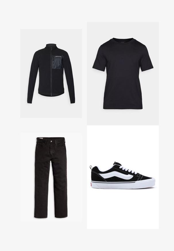 Svart zip-up fleecejacka med en slät, glänsande svart ficka på bröstet, sidofickor och hög krage. Mjuk textur genom hela plagget.; Svart T-shirt i slätt tyg, med rund halsringning och korta ärmar. Diskret varumärke tryckt i svart på bröstet.; Svarta raka denimjeans med fem fickor, knappstängning och bälteshällor, liggande plant på en vit bakgrund.; Svarta mockaskor med vita detaljer, med en låg design, snörning och en tjock vit gummisula. Varumärkeslogotyp på hälen.