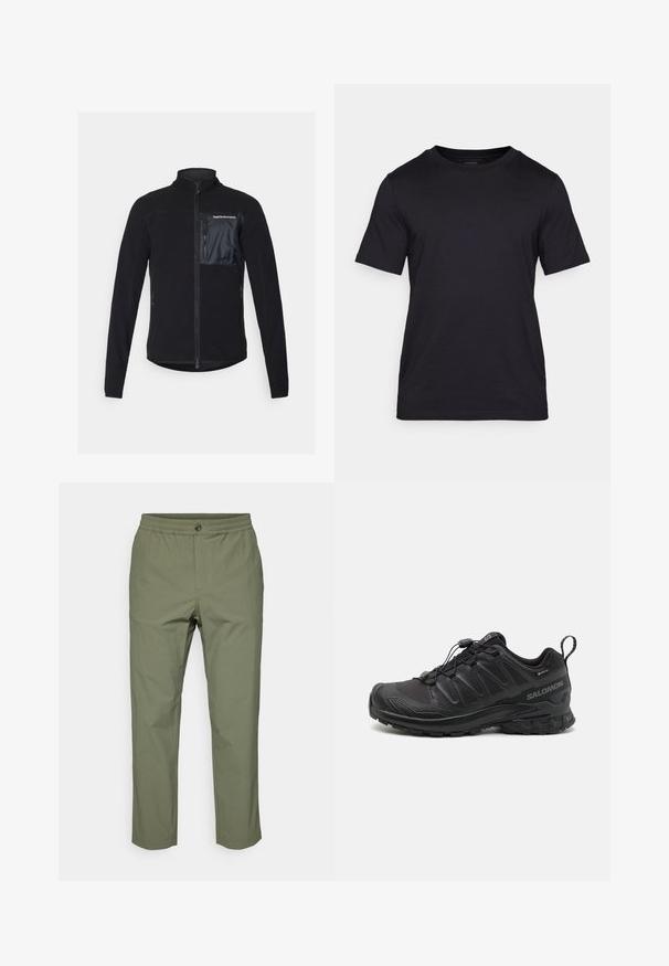 Svart zip-up fleecejakke med en glatt, blank svart lomme på brystet, sidelommer og høy krage. Myk tekstur hele veien.; Svart T-skjorte laget av glatt stoff, med rund hals og korte ermer. Diskret merkevaretrykk i svart på brystet.; Olivenfargede bukser laget av lett stoff, med elastisk midje, knappelukking og rett benpassform uten synlige mønstre.; Svart sportsko med en teksturert syntetisk overdel, polstret såle og et hurtiglenkesystem. Har forsterket tå og hæl.