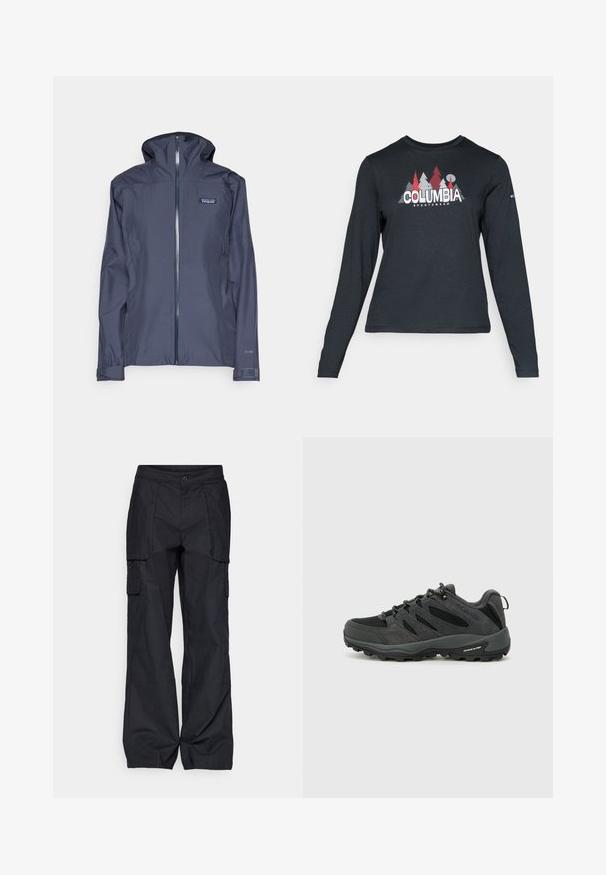 Sötétkék vízálló dzseki magas gallérral, cipzáras záródással, hosszú ujjakra és állítható mandzsettákra. A mellkason logó található.; Hosszú ujjú, sötétszürke ing piros fákkal és hegyekkel díszítve; a "COLUMBIA" logó vastag fehér betűkkel. Puha anyag, klasszikus kerek nyakkivágás.; Columbia BREA FALLS™ COTTON RIPSTOP PANT - Szabadtéri nadrágok - black; Columbia REDMOND - Túracipők - black/citron haze