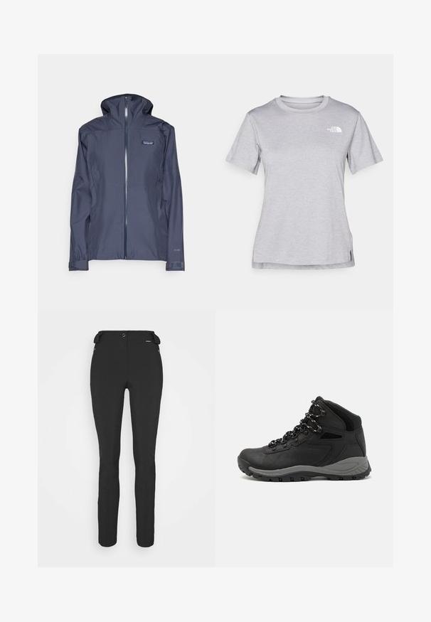 Mørkeblå vanntett jakke med høy krage, glidelås, lange ermer og justerbare mansjetter. Har logo på brystet.; Grå kortermet t-skjorte laget av myk, fukttransporterende stoff. Har en rund hals og en liten hvit logo på øvre venstre side.; Svart, tettsittende bukser laget av et fleksibelt materiale. Funksjoner inkluderer en glidelåslukket sidelomme, artikulerte knær og en glatt tekstur.; Sorte turstøvler med mid-topp design, som har en teksturert overdel, grå detaljer og slitesterk gummisåle med godt grep.