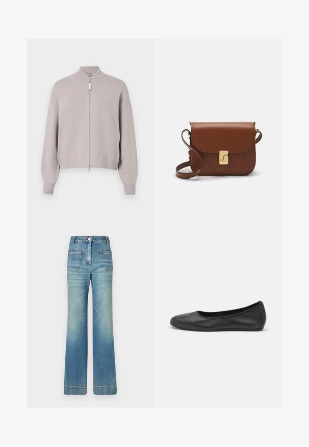 Šviesiai pilkas užtrauktuko kardiganas, pagamintas iš minkštos mezginio medžiagos. Yra aukšta apykaklė ir raukšlėtos rankogaliai, sidabrinis užtrauktukas ir mažas traukimo antgalis.; Balta trumpa rankovėmis marškinėliai, pagaminti iš pasiruošusio audinio. Apvali iškirptė, reguliari tinkamumas ir subtilūs siuvimo detalės. Be raštų ar grafikos.; Šviesiai mėlynos džinsinės platėjančios kelnės su penkiomis kišenėmis, diržo kilpojais, mygtuko uždarymu ir šiek tiek nusidėvėjusia struktūra, su raudonu logotipo akcentu ant nugaros.; Juodai odiniai baletai su apvaliu pirštu, lygi texture, minimalus siuvimo detales ir lanksčiu padų dizainu.; Ruda odinė rankinė su uždaromu dangteliu, aukso spalvos detalėmis, petneša ir lygiu paviršiumi. Kompaktiška stačiakampio formos.