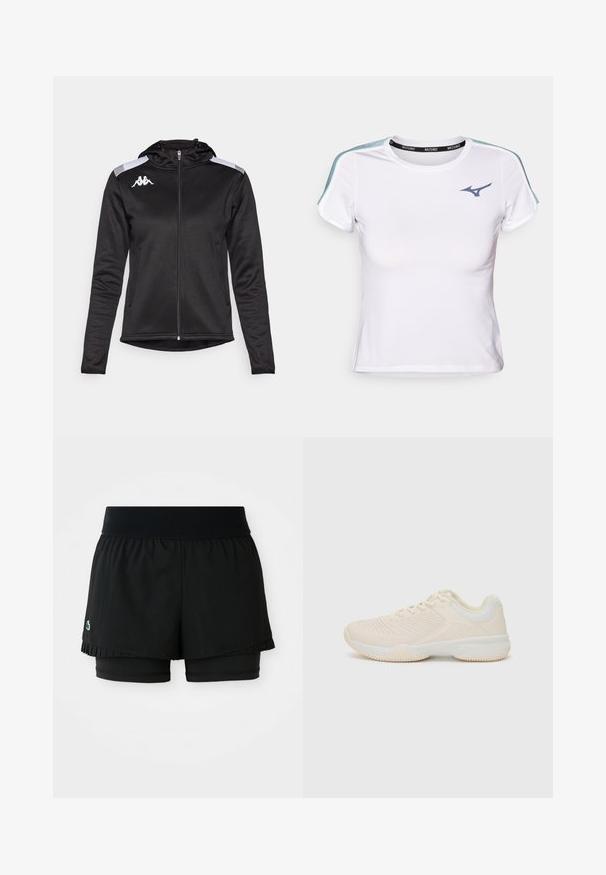 Jachetă sport neagră cu fermoar în față, cu glugă și buzunare laterale. Prezintă dungi albe pe umeri și un logo pe piept. Textură netedă.; Tricou sportiv alb cu un design ajustat, mâneci scurte, accente contrastante de culoare albastră pe umeri și o bandă neagră ce poartă numele brandului.; Shorts atleți negri cu un strat exterior pliat și pantaloni scurți interiori ajustați. Au un talie ribbed pentru confort și flexibilitate.; Pantof de sport bej deschis, cu un superior texturat, accente albe în contrast, vârf rotund și o talpă flexibilă din cauciuc.