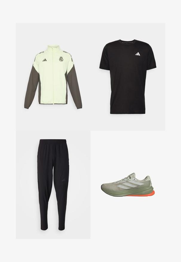 Adidas jack met een lichtgroene body en donkerbruine mouwen. Voorzien van een hoge kraag, een ritssluiting aan de voorkant en een logo op de borst.; Zwarte katoenen t-shirt met korte mouwen, ronde hals en een wit logo op de linkerkant van de borst. Gladde textuur en eenvoudig ontwerp.; Zwarte sportbroek met een elastische tailleband, taps toelopend ontwerp, zijzakken en subtiele logodetails. Gemaakt van flexibele, ademende stof.; adidas Performance Hardloopschoenen voor op de weg - wonalu greone tengrn