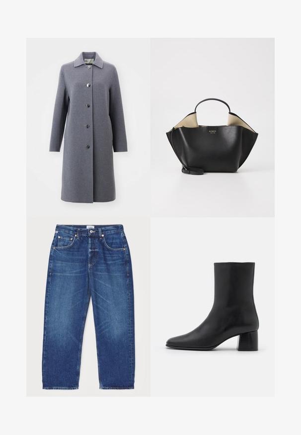 Tory Burch FLECKED COAT - Cappotto classico - flecked gray; Maglietta nera a maniche lunghe realizzata in tessuto morbido, con scollo rotondo e vestibilità ampia, dotata di spacchi laterali all'orlo per facilitare i movimenti.; Citizens of Humanity DAHLIA IN CLAREMONT - Jeans baggy - dark-blue denim; Stivali ankle in pelle nera con punta affusolata e tacco quadrato grosso. Texture liscia con un design senza cuciture e cuciture minimaliste.; Ree Projects ANN TOTE MINI - Borsa a mano - black