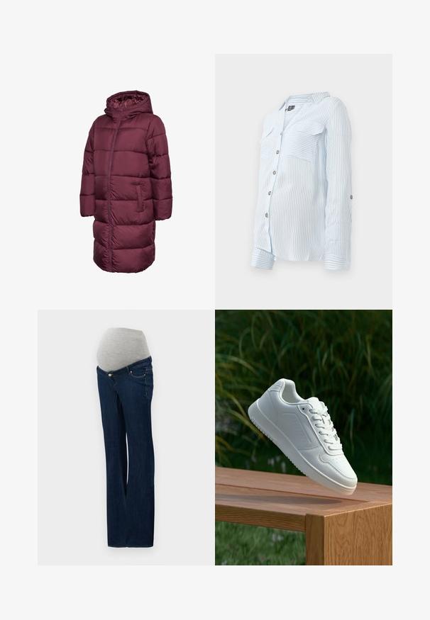 Pruunikas-punane puffer-jope kapuutsiga, millel on pikk lõige, lukuga sulgemine ja kaks küljetaskut. Ühtlane, vatitud tekstuur kogu jope ulatuses.; Heledad sinine triibuline nööbiga särk pikki varrukatega, kahe rinna taskuga ja üleskeeratud varrukatega, mis on kinnitatud nööpidega. Pehme, kerge kangas.; Tumedast sinisest denimist rasedus teksad, millel on hall elastne kõhupaneel, sirge jalgade disain ja esipockets metallist detailidega.; Valged sneakerd, millel on sile sünteetiline ülemine osa, väikeste aukudega varvaskast, lamedad paelad ja tekstuuriga tald, eksponeeritud puidust pinnal.