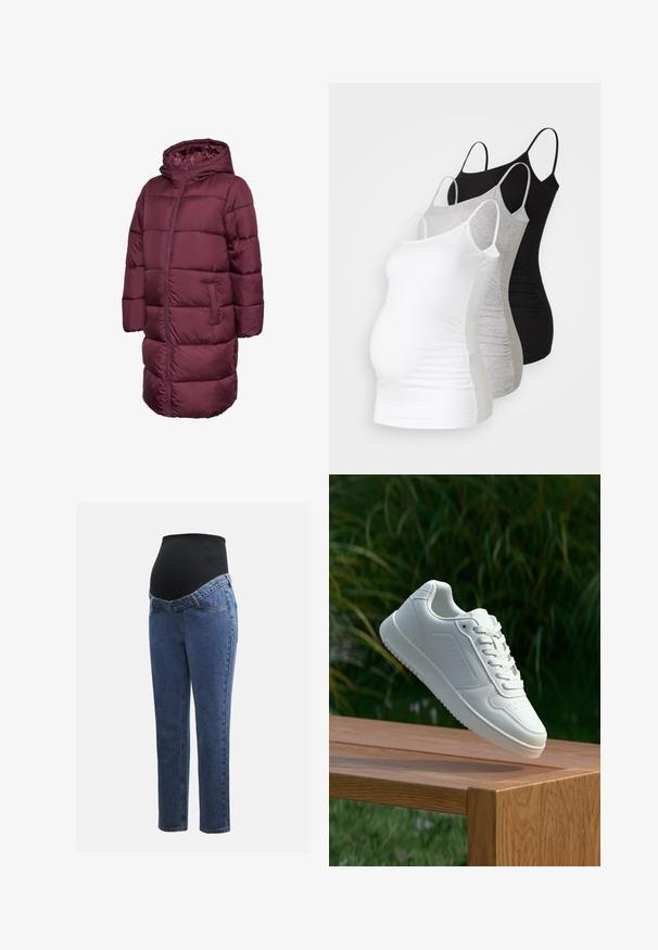 Oljčna bordo bunda z kapuco, z dolgim krojem, zapiranjem na zadrgo in dvema stranskima žepoma. Povsod gladka, prešita tekstura.; Tri materinski topi brez rokavov v beli, sivi in črni barvi. Raztegljiv material z nastavljivimi naramnicami in nabranimi stranskimi šivi za udobje.; Maternitetaške hlače z modrimi denim hlačnicami in črnim raztegljivim trebušnim panelom, zasnovane za podporo in pokrivanje rastočega trebuha.; Bela teniska s gladkim sintetičnim zgornjim delom, perforiranim prednjim delom, ravnimi vezalkami in teksturiranim podplatom, prikazana na leseni površini.