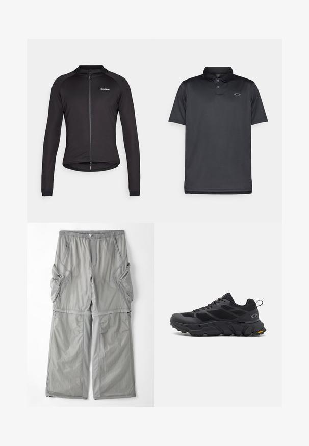 Melna velosipēdu jaka, kas izgatavota no elastīgas auduma, ar pilnu rāvējslēdzēju, garām piedurknēm un GripGrab logotipu uz krūšu daļas. Gluda tekstūra.; Melnas polo krekls, izgatavots no gludas auduma, ar apkakli, trim pogām, īsām piedurknēm un mazu pelēku logotipu uz kreisā krūša.; Gai pelēki, elpojoši auduma bikses ar elastīgu jostu, sānu kabatām un kontrastējošu pelēku apdari gar šuvēm. Brīvs piegriezums.; Melnas sporta kurpes ar biezām zolēm, sieta un sintētiska augšdaļa, teksturēti akcenti un Vibram zīmols uz ārējās zoles.