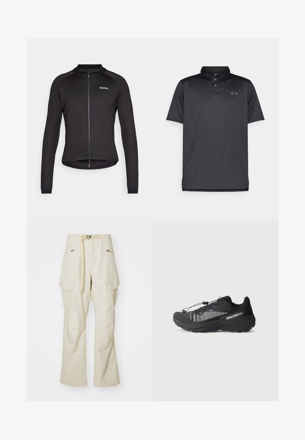 Musta pyöräilytakki, joka on valmistettu joustavasta kankaasta. Takissa on täysi vetoketju, pitkät hihat ja GripGrab-logo rintapielessä. Sujuva pinta.; Musta poolopaita, joka on valmistettu sileästä kankaasta, jossa on kaulus, kolme nappia, lyhyet hihat ja pieni harmaa logo vasemmassa rinnassa.; Beige-housut, joissa on leveä lahje, vyötärölle kuuluu vyö, kaksi sivutaskua ja polvipaikat. Sujuva pinta, jossa on vahvistetut ompelu yksityiskohdat.; Mustat polkujuoksukengät, joissa on teksturoitu verkkopolku yläosa, heijastavat yksityiskohdat, pehmustettu pohja ja joustava nauhajärjestelmä. Logo sivussa.