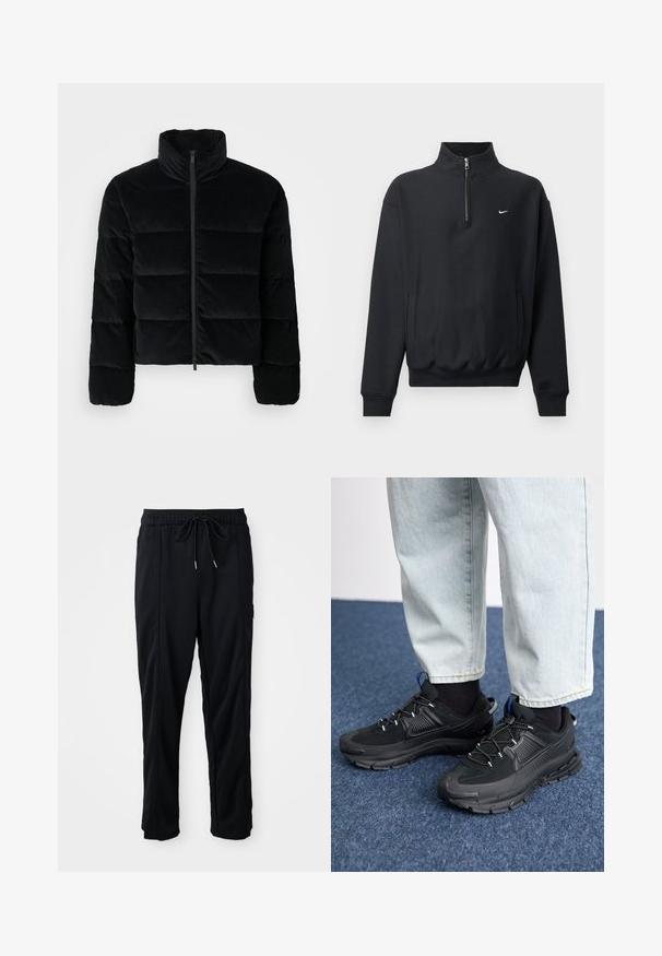 Jachetă pufoasă din fâș de culoare neagră, cu guler înalt și fermoar frontal. Are secțiuni capitonate pentru izolație și mâneci lungi.; Hanorac negru cu un guler înalt cu fermoar, mâneci lungi, buzunare laterale și talie elastică. Prezintă un mic logo alb Nike pe piept.; Pantaloni casual negri cu șnur la talie, cu buzunare laterale și croială dreaptă, pe un fundal simplu.; Pantofi sport negri, cu țesătură texturată și tălpi din cauciuc, având șireturi elastice și un accent albastru pe toc. Purtați cu pantaloni din denim deschis.