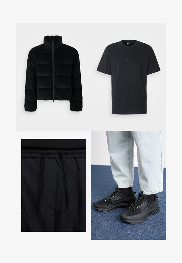 Giacca puffer in corduroy nera con colletto alto e zip frontale. Presenta sezioni trapuntate per l'isolamento e maniche lunghe.; T-shirt in cotone nero della Nike con collo rotondo classico, maniche corte e un logo in rilievo discreto sul petto. Texture liscia.; Shorts neri con vita regolabile tramite coulisse, tessuto leggero con una texture liscia e un design semplice senza loghi o motivi visibili.; Scarpe sportive nere con tessuto testurizzato e suole in gomma, dotate di lacci elastici e un accento blu sul tallone. Indossate con pantaloni in denim chiaro.