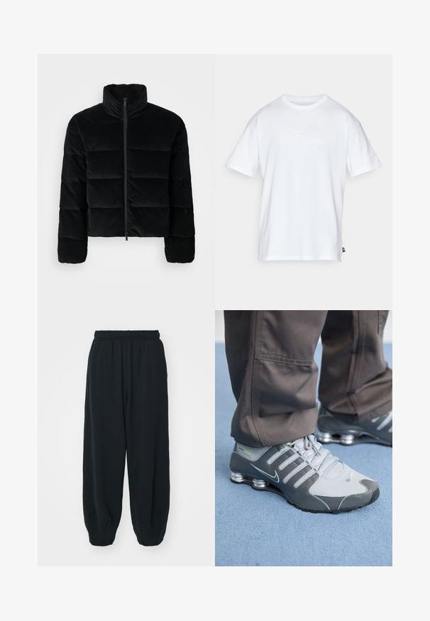Čierna kordurová pufovaná bunda s vysokým golierom a predným zipsom. Obsahuje prešívané časti pre izoláciu a dlhé rukávy.; Biela bavlnená tričko s krátkymi rukávmi a okrúhlym výstrihom. Obsahuje malé, jemné logo Nike na hrudi a božnú nálepku.; Čierne tepláky s elastickým pásom, vo voľnom strihu, s manžetami na členkoch, hladkej textúry a bez viditeľných vzorov alebo kovových doplnkov.; Šedé a strieborné tenisky Nike Shox majú elegantný dizajn, kombináciu sieťoviny a syntetických materiálov, zaoblenú špičku a polstrovaný golier.