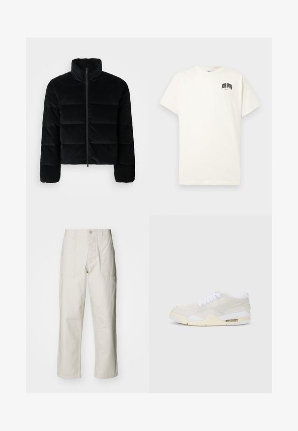 Černá kordurová pufovaná bunda s vysokým límcem a předním zipem. Obsahuje quiltované části pro izolaci a dlouhé rukávy.; Kravetově bílý bavlněný tričko s krátkým rukávem, na hrudi s nápisem "NIKE SB" v černém a červeném písmu. Standardní kulatý výstřih.; Světle béžové kalhoty s širokými nohavicemi vyrobené z bavlny. Obsahují přední kapsy a zapínání na knoflík. Hladký povrch s jemnými vertikálními pruhy.; Tenisky s lehkým béžovým syntetickým svrškem, bílými šňůrkami a viditelným polstrováním. Mají hladkou podrážku a jemné boční detaily.