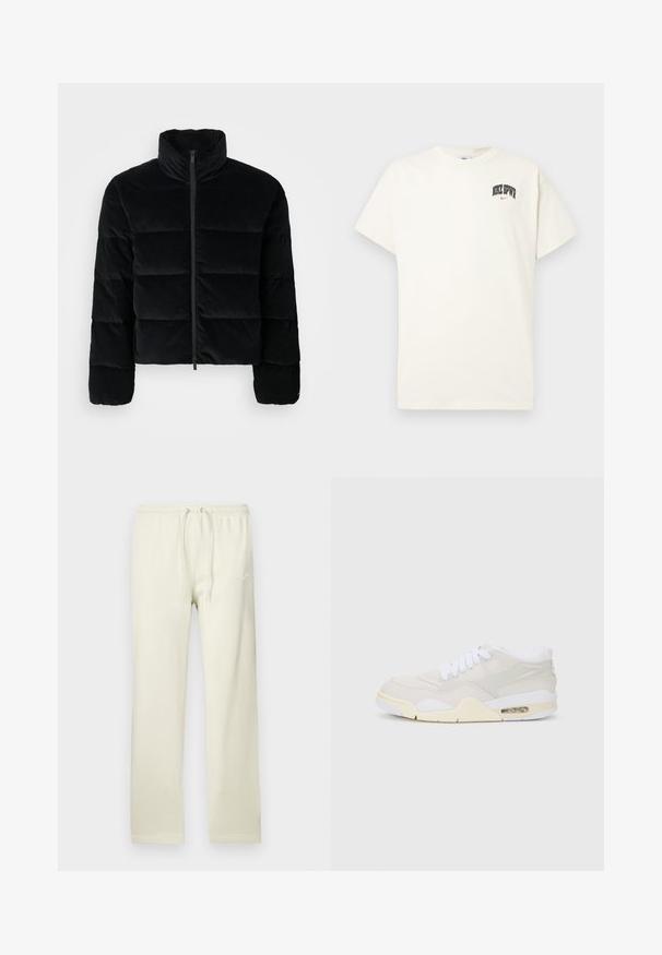 Čierna kordurová pufovaná bunda s vysokým golierom a predným zipsom. Obsahuje prešívané časti pre izoláciu a dlhé rukávy.; Krémová bavlnená tričko s krátkymi rukávmi, s nápisom "NIKE SB" v čiernej a červenej farbe na hrudi. Štandardný okrúhly výstrih.; Svetlo béžové tepláky so šnúrkou v páse, vyrobené z mäkkého materiálu. Na ľavom stehne je jemné biele logo Nike.; Tenisky s svetlo béžovým syntetickým zvrškom, bielymi šnúrkami a viditeľným tlmením. Majú hladkú podrážku a jemné bočné akcenty.