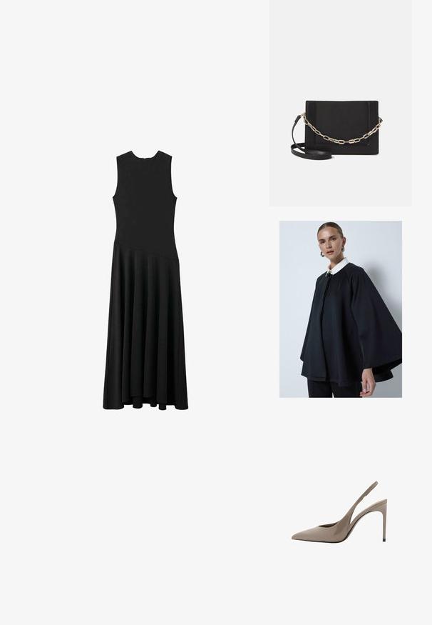 Black cape with a white collar, featuring a high neckline and a smooth texture. The design is loose-fitting with wide sleeves.; Black sleeveless maxi dress with a fitted bodice and flared skirt, featuring a smooth texture and minimalistic design, no visible fastenings.; Beige patent leather slingback high heels with a pointed toe and a sleek design, featuring a thin high heel and a cutout detail on the side.; Black leather crossbody bag featuring a smooth texture, rectangular shape, and a metallic chain detail on the front. Adjustable strap included.