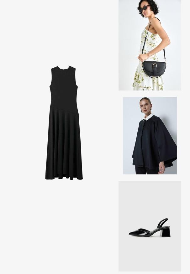 Black cape with a white collar, featuring a high neckline and a smooth texture. The design is loose-fitting with wide sleeves.; Black sleeveless maxi dress with a fitted bodice and flared skirt, featuring a smooth texture and minimalistic design, no visible fastenings.; Black patent leather slingback heels with a pointed toe and a geometric block heel. Features a sleek, minimal design and smooth texture.; Black leather handbag with a curved shape, detachable strap, and gold hardware. The bag features a flap with a buckle detail.