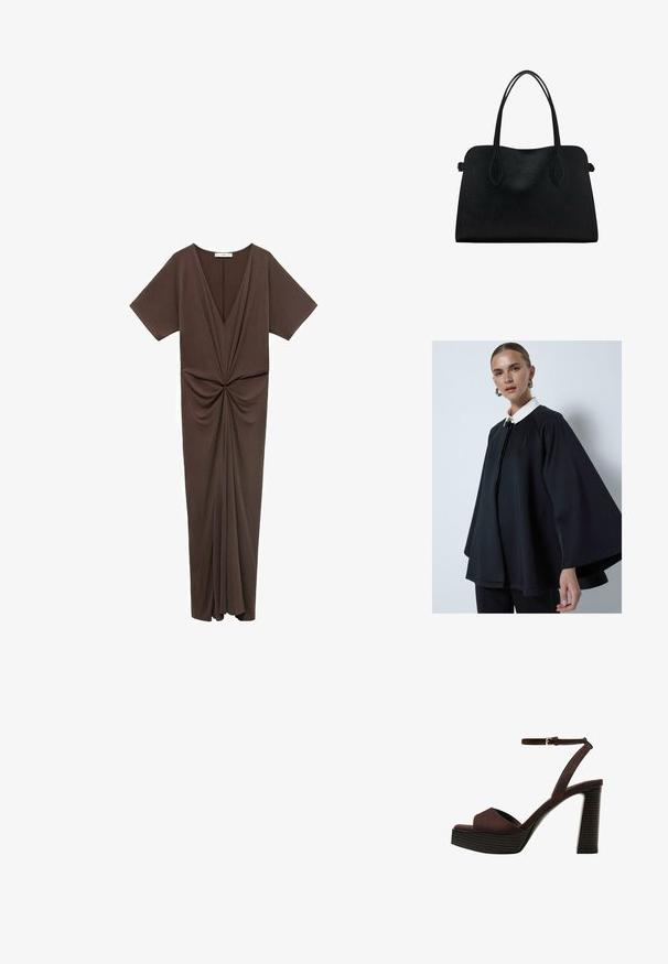 Zwarte cape met een witte kraag, met een hoge halslijn en een gladde textuur. Het ontwerp is losvallend met brede mouwen.; Bruine jurk tot de knie, gemaakt van een zachte stof, met een diepe V-hals, korte mouwen en een gather-detaillering bij de taille. Gladde textuur.; Bruine suède high-heeled sandaal met een open teen, verstelbare enkelband en een gestreepte plateauzool.; Zwarte leren handtas met dubbele schouderriemen, rechthoekige vorm en minimalistisch ontwerp op een witte achtergrond.