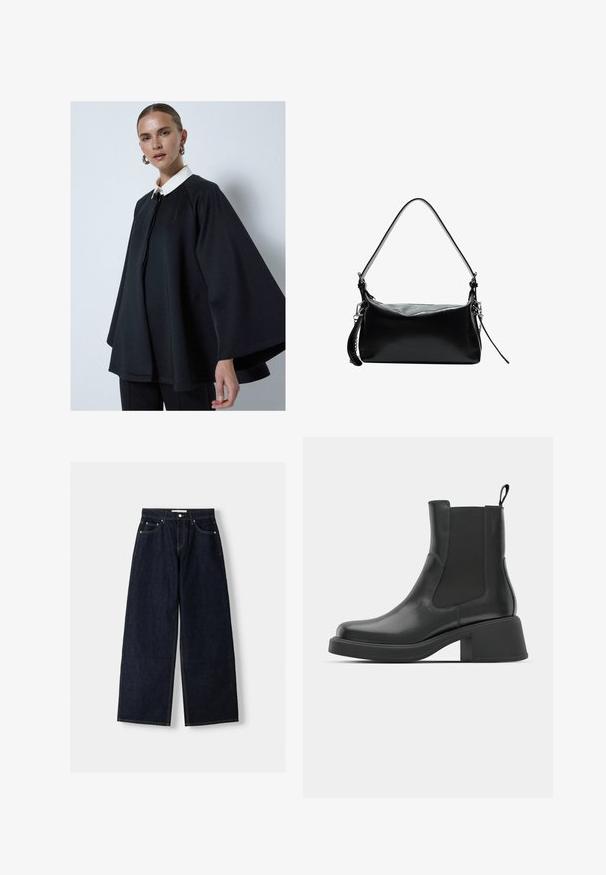 Čierny plášť s bielym golierom, s vysokým výstrihom a hladkou textúrou. Dizajn je voľný s širokými rukávmi.; Svetlo modrý sveter vyrobený z jemnej, kefovanej tkaniny. Má ribbované manžety a lem, a zaoblený výstrih. Voľný strih s poklesnutými ramenami.; Tmavomodré denimové nohavice s širokými nohavicami a vysokým pásom, s piatimi vreckami, kontrastným prešívaním a striebornými kovovými doplnkami. Hladká textúra a čisté prevedenie.; Čierne kožené členkové topánky s elastickými bočnými panelmi, zaoblenou špičkou a robustným blokovým opätkom. Hladká textura s minimalistickým dizajnom.; Čierna kožená kabelka s zakriveným popruhom na rameno, hladkou textúrou, obdĺžnikovým tvarom, zipsovým uzáverom a striebornými kovovými doplnkami.