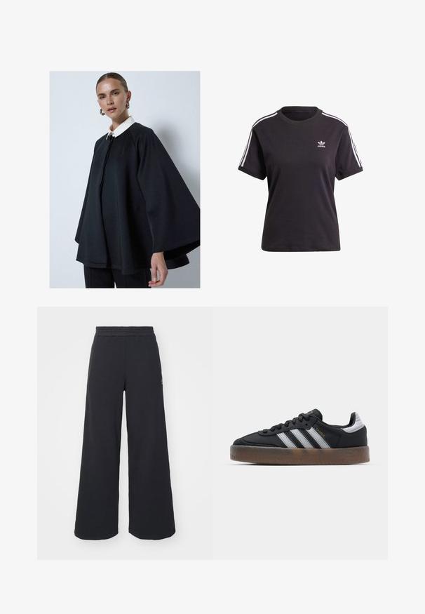 Czarny płaszcz z białym kołnierzem, o wysokiej szyi i gładkiej fakturze. Design jest luźny, z szerokimi rękawami.; Czarny bawełniany t-shirt z krótkim rękawem i okrągłym dekoltem, z białymi paskami na ramionach oraz małym białym logo Adidasa na piersi.; Czarne szerokie spodnie dresowe wykonane z miękkiego materiału, z elastycznym paskiem w talii oraz małym logo po lewej stronie.; Czarne sneakersy o eleganckim wzornictwie, z trzema białymi paskami, czarnym językiem i fakturowaną brązową gumową podeszwą. Akcenty złotego napisu.