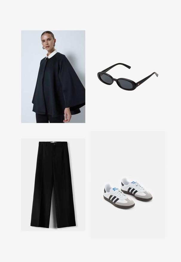 Mustat viitta, jossa on valkoinen kaulus, korkea kaulus ja sileä tekstuuri. Suunnittelu on väljä ja siinä on leveät hihat.; Kaksi hihattomaa ribattua kauluspaitaa mustana ja valkoisena, joissa on istuva muotoilu ja sileä rakenne, sekä lyhyt pituus.; Mustat leveälahkeiset housut, jotka on valmistettu kevyestä kankaasta. Housuissa on etunappikiinnitys ja tasainen etuosa, sekä huolellisesti ommellut helmat.; Urheilukengät, joissa on valkoinen nahkainen päällinen, harmaa mokkanokka ja kolme mustaa raitaa. Ominaisuuksina sininen logo kielekkeessä ja kuvioitu kumipohja.; Mustat ylisuuruiset aurinkolasit, jotka ovat soikeat linssit, sileä muovikehys ja kultaiset korostukset temppeleissä. Tummat linssit tarjoavat suojaa auringolta.